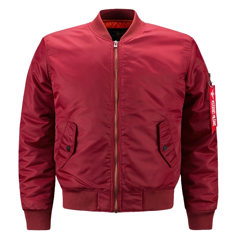 Stylish men's oversized padded jacket in red, featuring a thick zipper and side pockets for casual streetwear.