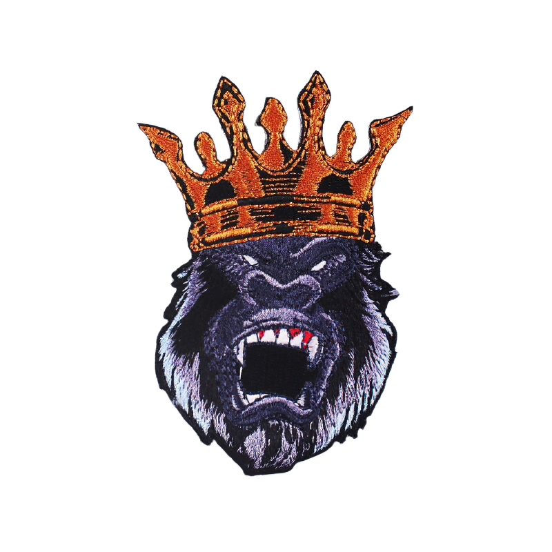 Angry King Kong patch with a golden crown, perfect unisex accessory for jackets and bags in a trendy rock style.
