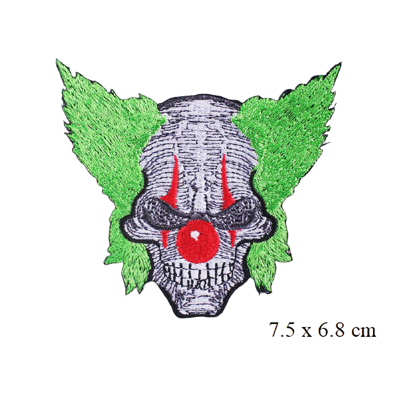 Gothic clown style skull patch with green hair and red accents, perfect for adding a unique touch to your clothing.