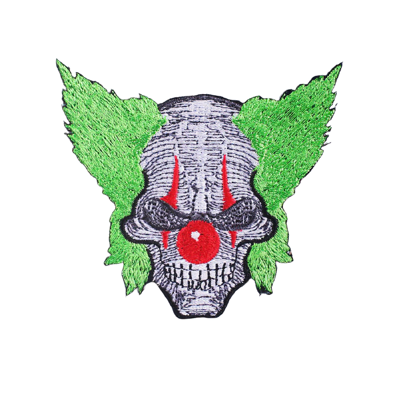 Gothic embroidered patch featuring a clown-style skull with green hair and red accents, perfect for alternative fashion.
