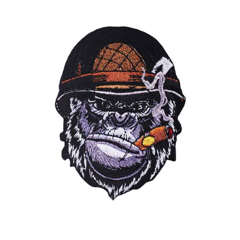 Gothic unisex patch featuring a gorilla in a helmet smoking a cigar, perfect for rock-style clothing.