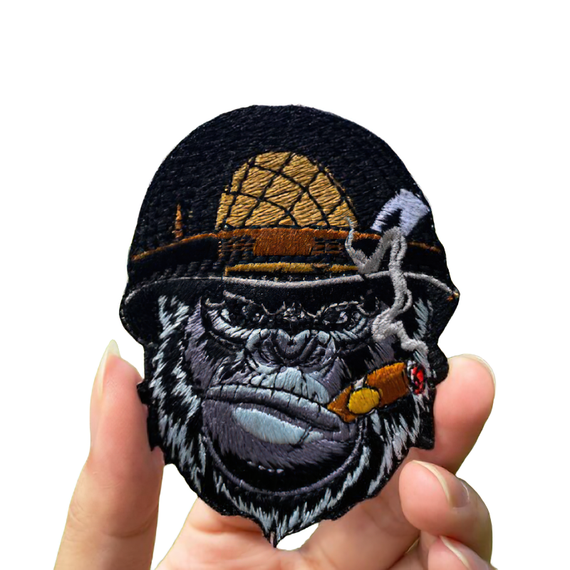 Gothic unisex patch featuring a gorilla in a helmet with a cigar, perfect for adding rock style to your clothing.