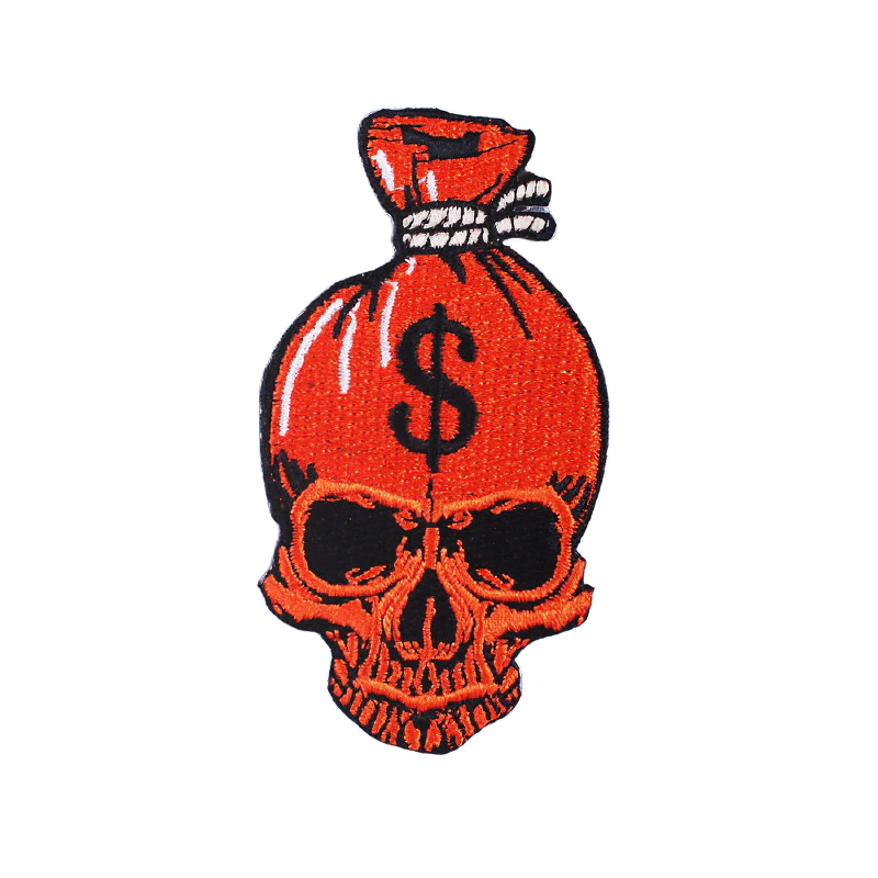 Gothic unisex patch featuring a red skull with a dollar symbol, perfect for adding style to any clothing.