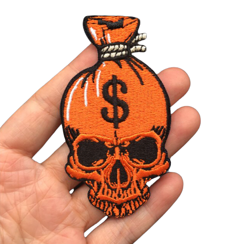 Gothic unisex patch featuring a red skull and dollar symbol, perfect for customizing clothes.