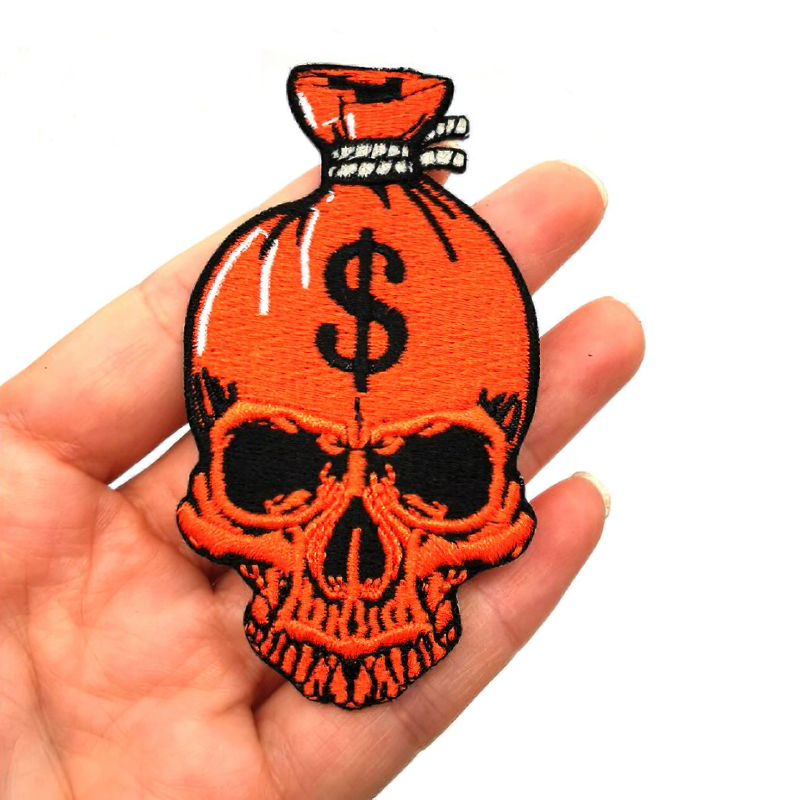 Gothic unisex patch with red skull and dollar symbol design, perfect for accessorizing clothes.
