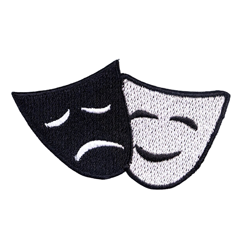 Unisex embroidered theater mask patch, alternative elegant accessory for rave outfits.