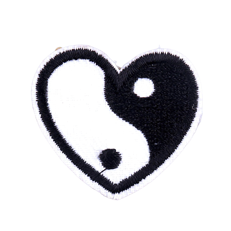 Heart-shaped Yin Yang patch for clothing, stylish unisex fusible accessory, perfect for alternative fashion.