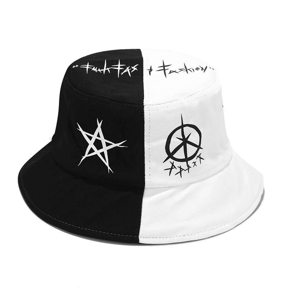 Unisex patchwork graffiti cotton bucket hat in black and white, perfect casual travel accessory for stylish adventures.
