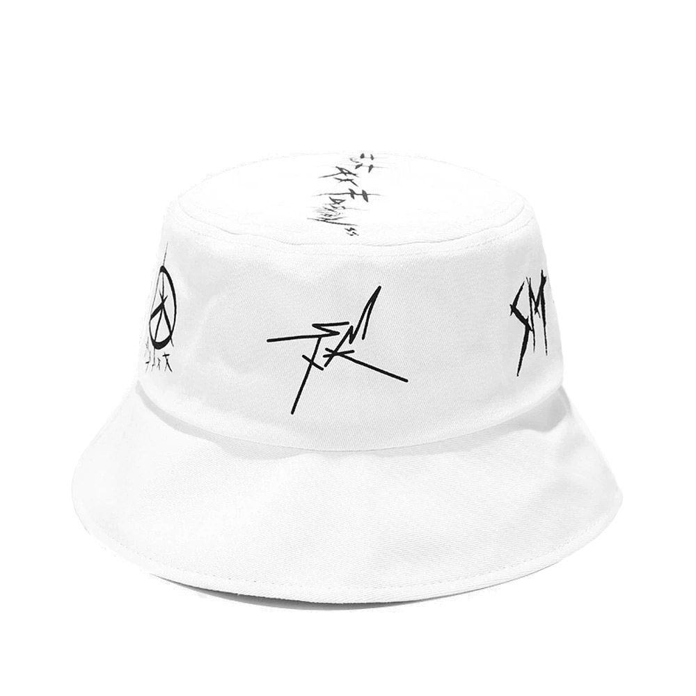 Stylish unisex white bucket hat with graffiti design, perfect for casual outings and travel.
