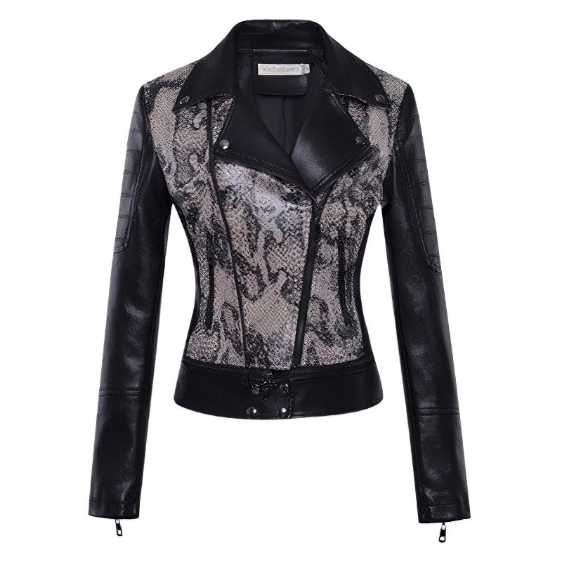 Patchwork PU leather motorcycle jacket with stylish snake skin design and detachable lower edge for women.