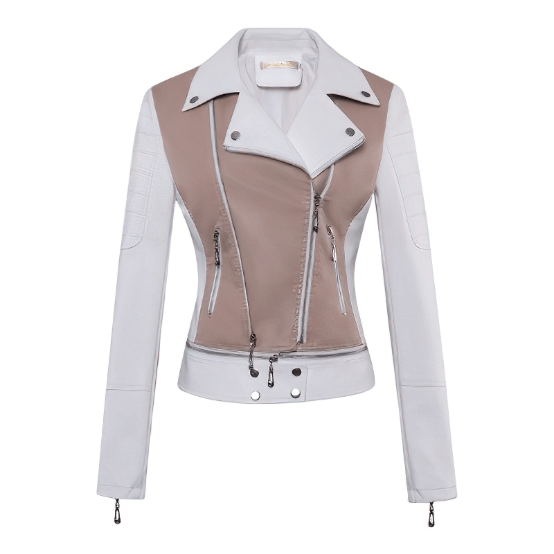 Stylish women's patchwork PU leather motorcycle jacket with zipper details in beige and white.