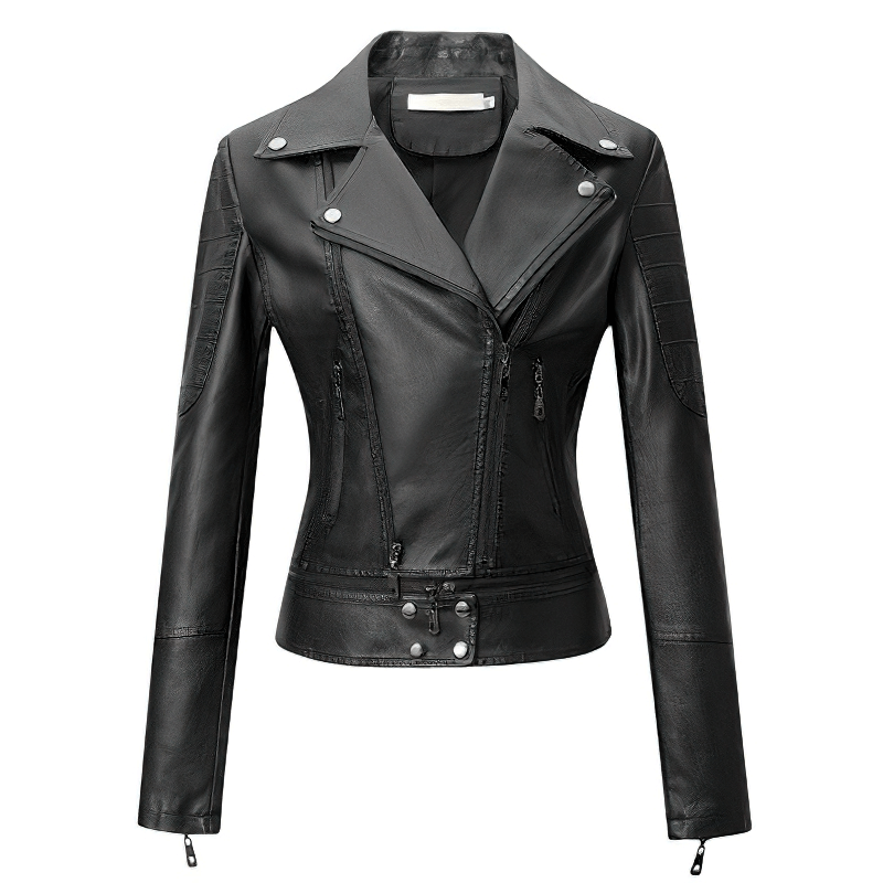 Stylish black patchwork PU leather motorcycle jacket for women with zippers and a detachable lower edge.