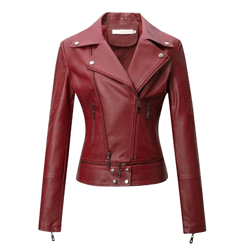 Stylish patchwork PU leather motorcycle jacket for women in vibrant red, featuring zip closures and a fashionable design.