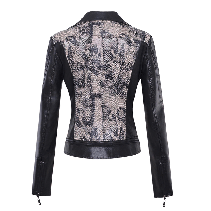 Stylish women's patchwork PU leather motorcycle jacket with trendy snake print design on the back.