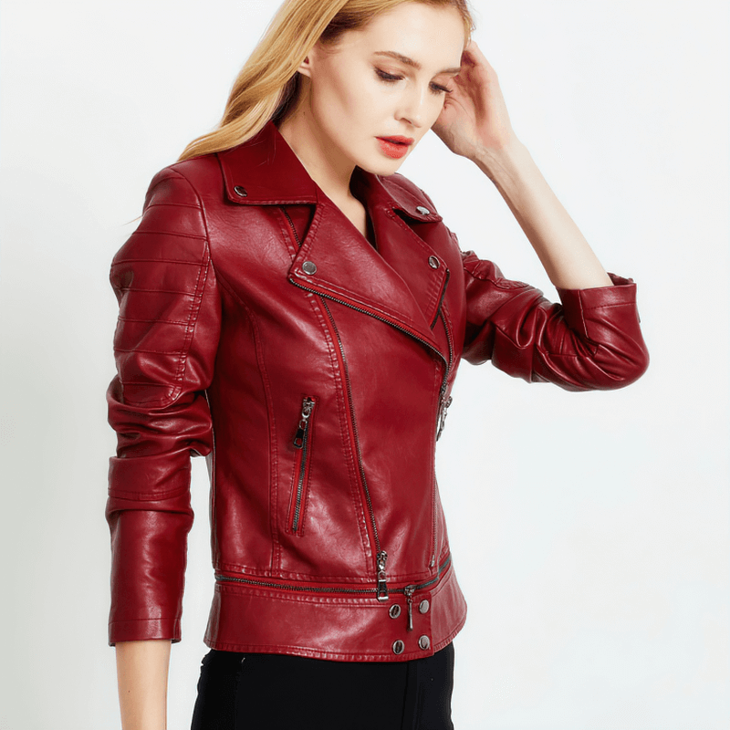 Red patchwork PU leather motorcycle jacket for women, featuring stylish zippers and a trendy design.