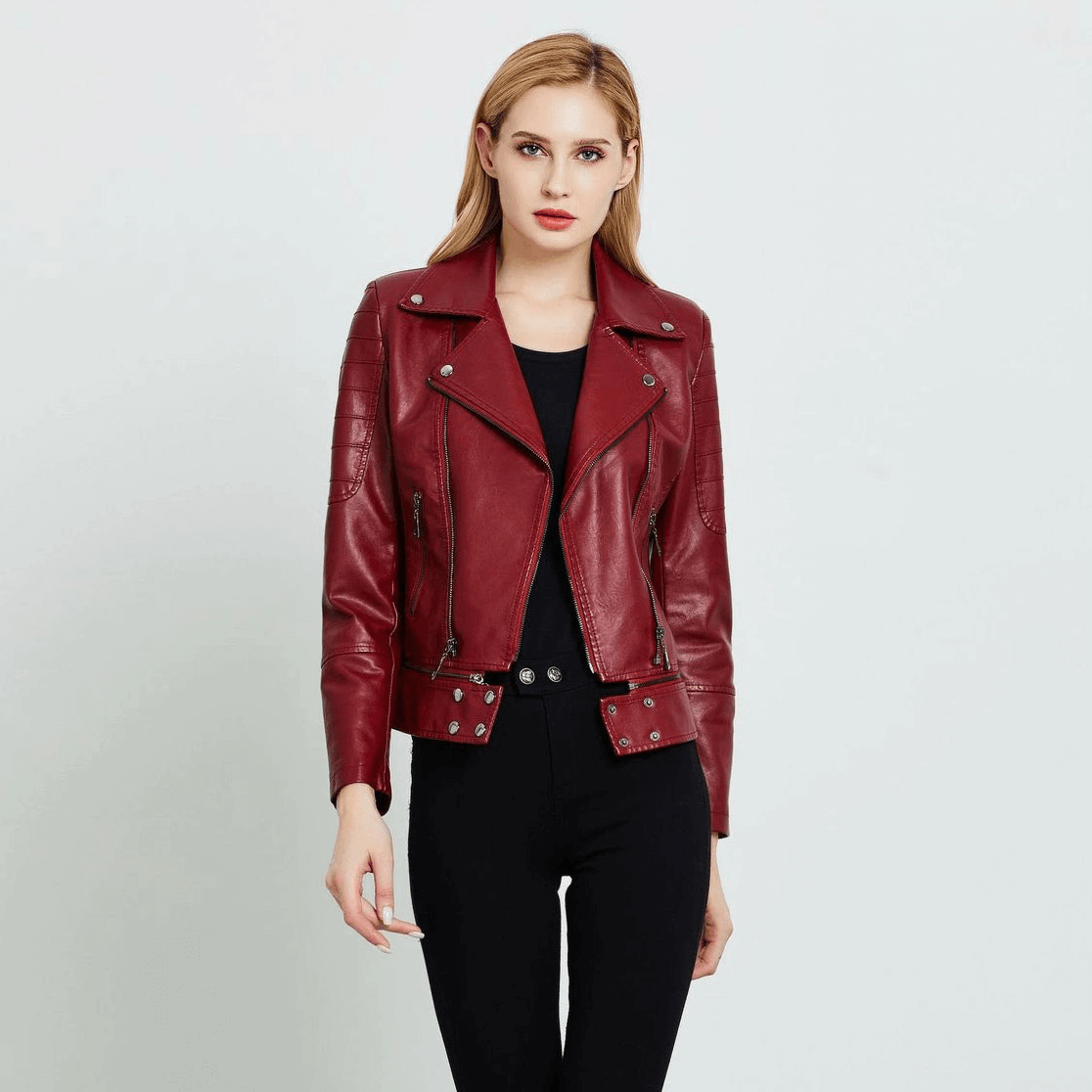Stylish red patchwork PU leather motorcycle jacket for women, perfect for trendy outwear.