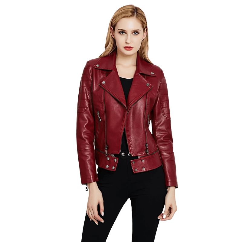 Stylish women's red patchwork PU leather motorcycle jacket with zipper and detachable lower edge.
