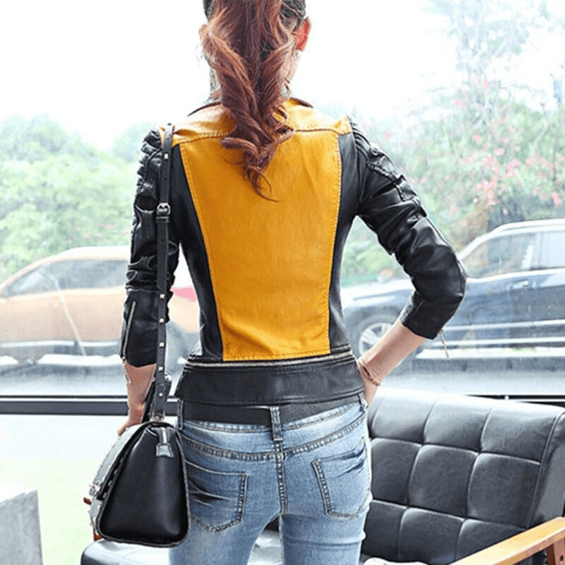 Back view of a stylish women's patchwork PU leather motorcycle jacket in black and yellow.