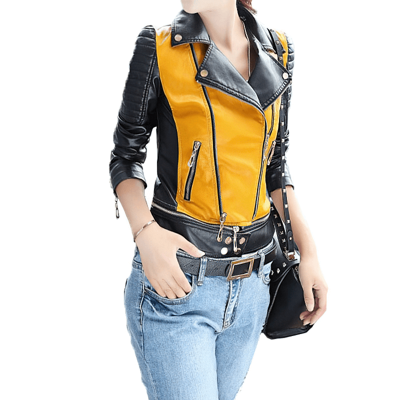 Stylish women's patchwork PU leather motorcycle jacket in black and yellow, perfect for a trendy look.