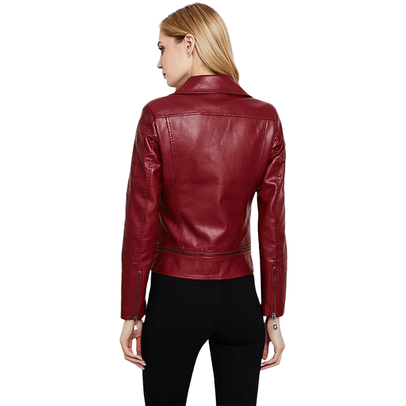 Back view of stylish women's red patchwork PU leather motorcycle jacket, featuring a sleek fit and zipper details.