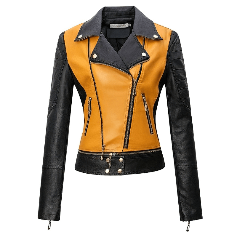 Stylish women's patchwork PU leather motorcycle jacket in yellow and black with zipper details.