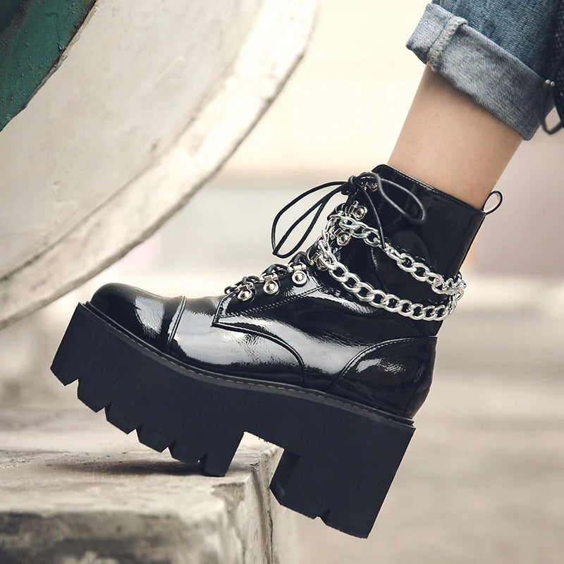 Gothic women's black patent leather platform boots with laces and double chain detail, perfect for spring and autumn.