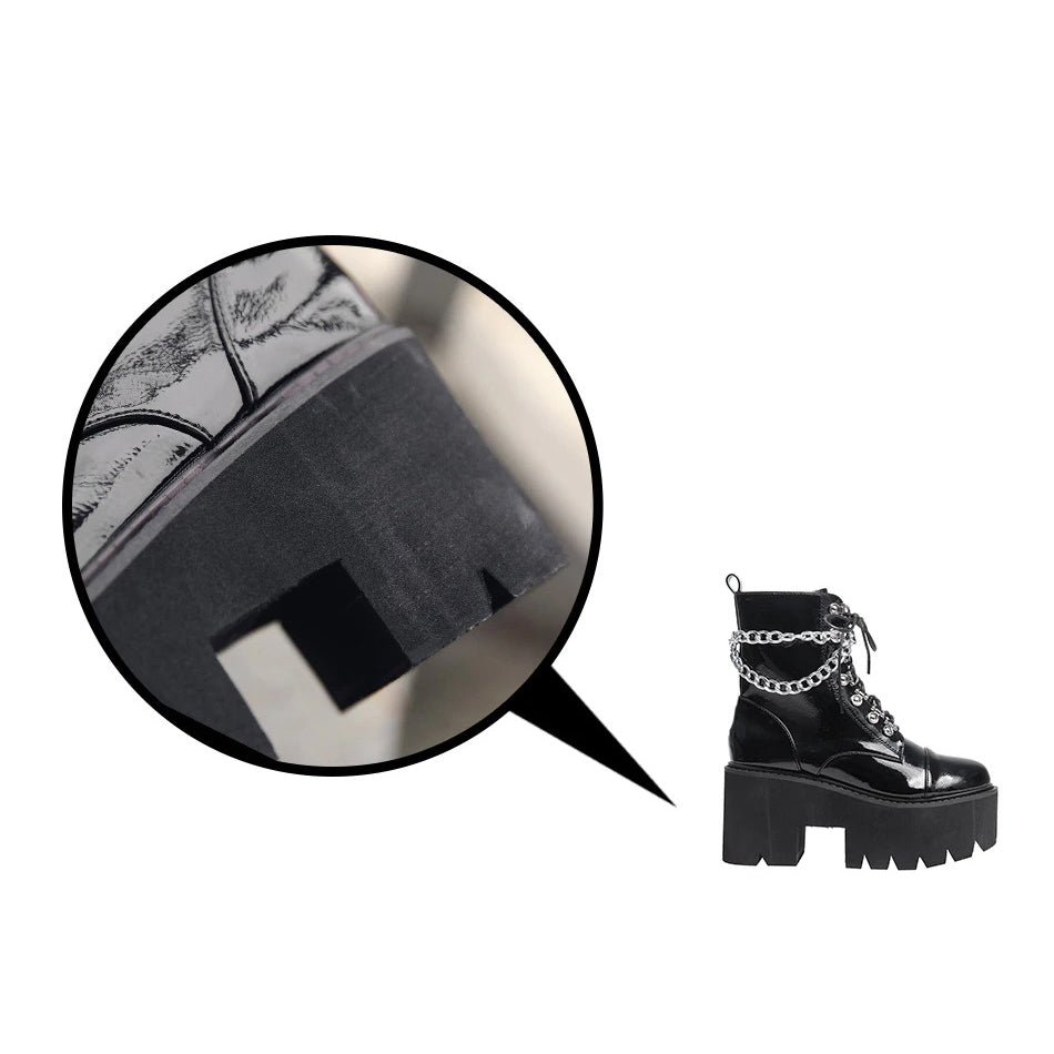 Close-up of patent leather gothic black platform boots with double chain detail and thick sole. Ideal for chilly weather.