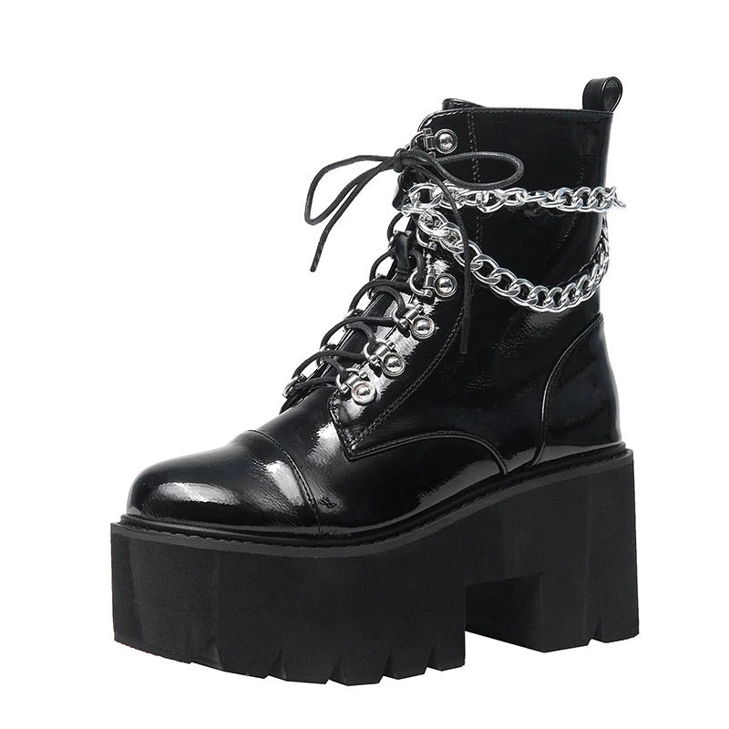 Gothic women's black platform ankle boots with a double chain and patent leather finish, great for cold weather.
