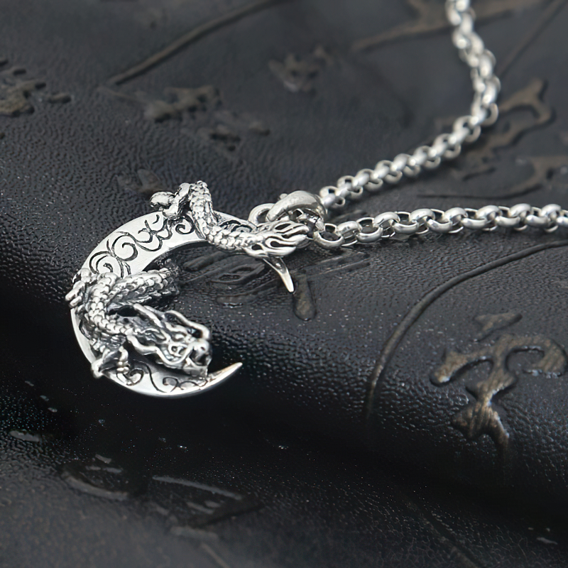 S925 sterling silver pendant featuring a dragon sitting on a crescent moon, ideal jewelry for men and women.