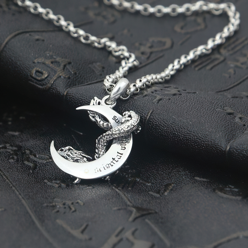 S925 sterling silver pendant featuring a dragon on a crescent moon, perfect jewelry for men and women.