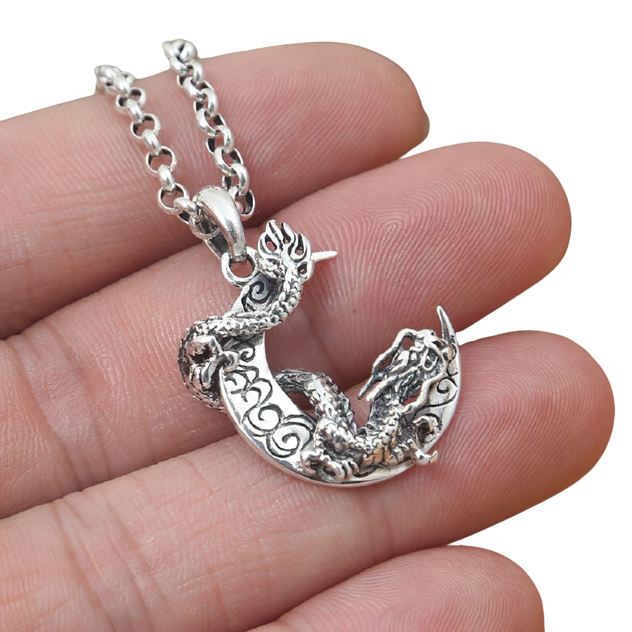 S925 sterling silver pendant featuring a dragon on a moon, perfect jewelry for men and women.