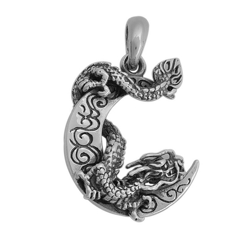 Silver pendant featuring a detailed dragon sitting on a crescent moon, perfect jewelry for men and women.
