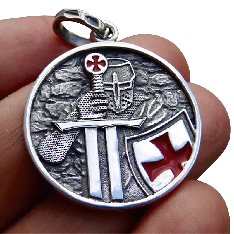 Unisex stainless steel pendant featuring a knight with sword and shield, perfect for retro alternative fashion.