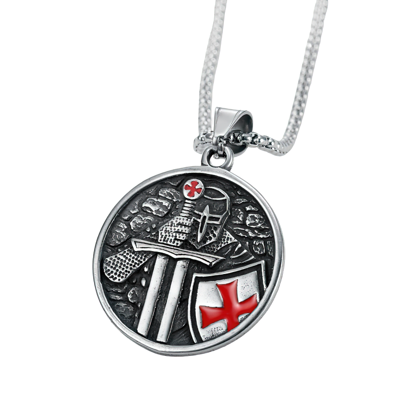 Unisex stainless steel pendant featuring a Knights Templar cross and shield, perfect for retro fashion lovers.