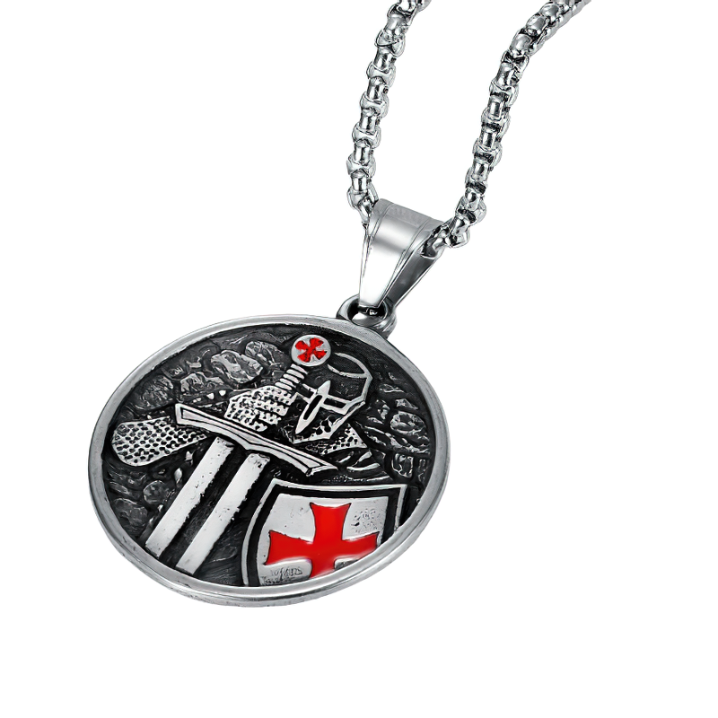 Unisex stainless steel Knights Templar cross pendant with red accents and a retro design, perfect for alternative fashion.