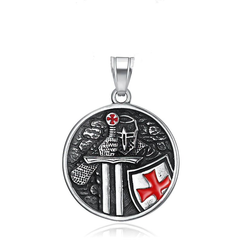 Unisex stainless steel pendant featuring a knight, sword, and shield with red cross, perfect for retro fashion enthusiasts.