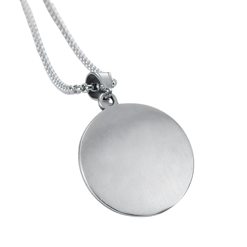 Polished stainless steel pendant on chain, perfect for custom engraving or retro-style jewelry.