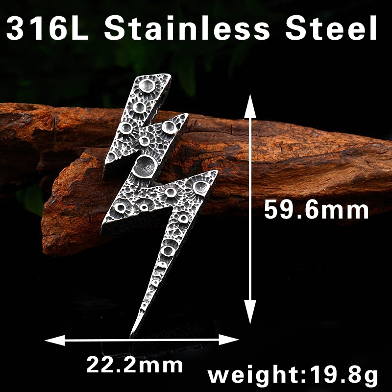 Stainless Steel Lightning Pendant - Unisex Alternative Jewelry - 22.2mm x 59.6mm, 19.8g Fashion Accessory