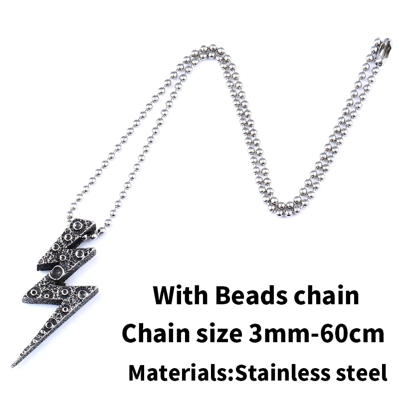 Unisex lightning pendant necklace in stainless steel with beads chain, perfect for an alternative style accessory.