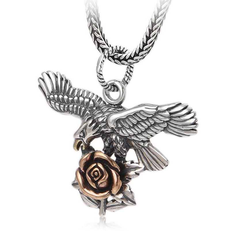 Stylish 925 sterling silver pendant featuring an eagle holding a rose in a classical design for unisex jewelry.