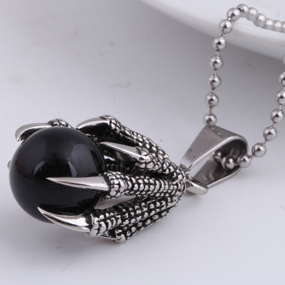 Pendant With Big Black Stone Crystal / Stainless Steel Pendant Dragon's Claw for Man and Woman - HARD'N'HEAVY