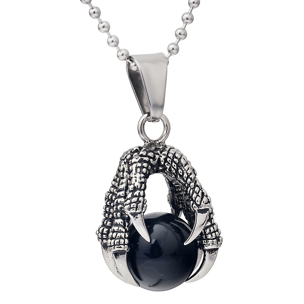 Stainless steel pendant with a big black stone crystal in a dragon's claw design, perfect for layering and gifting.