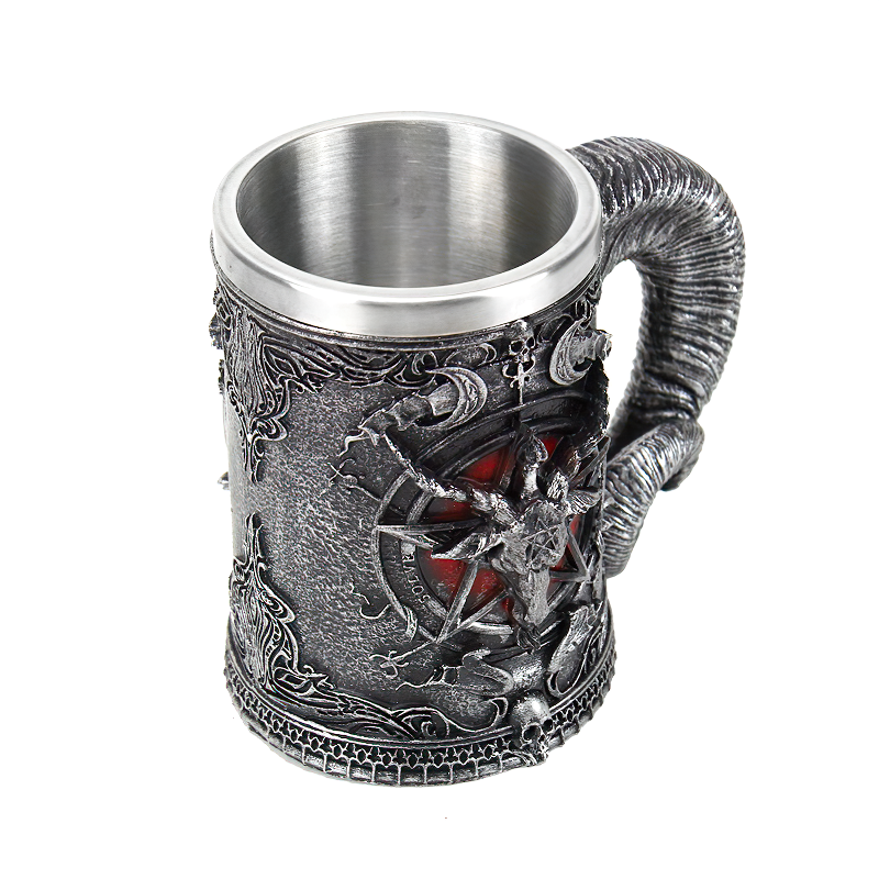 Stainless steel pentagram beer mug with demonic design, perfect for gifts and home decor.