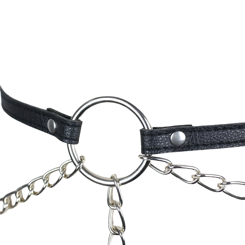 Close-up of a black PU leather harness with a silver chain belt and circular metal ring detail, perfect for gothic style.