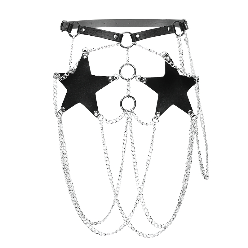 Gothic PU leather women’s harness with black star inserts and silver chain details, a sexy accessory for a bold look.