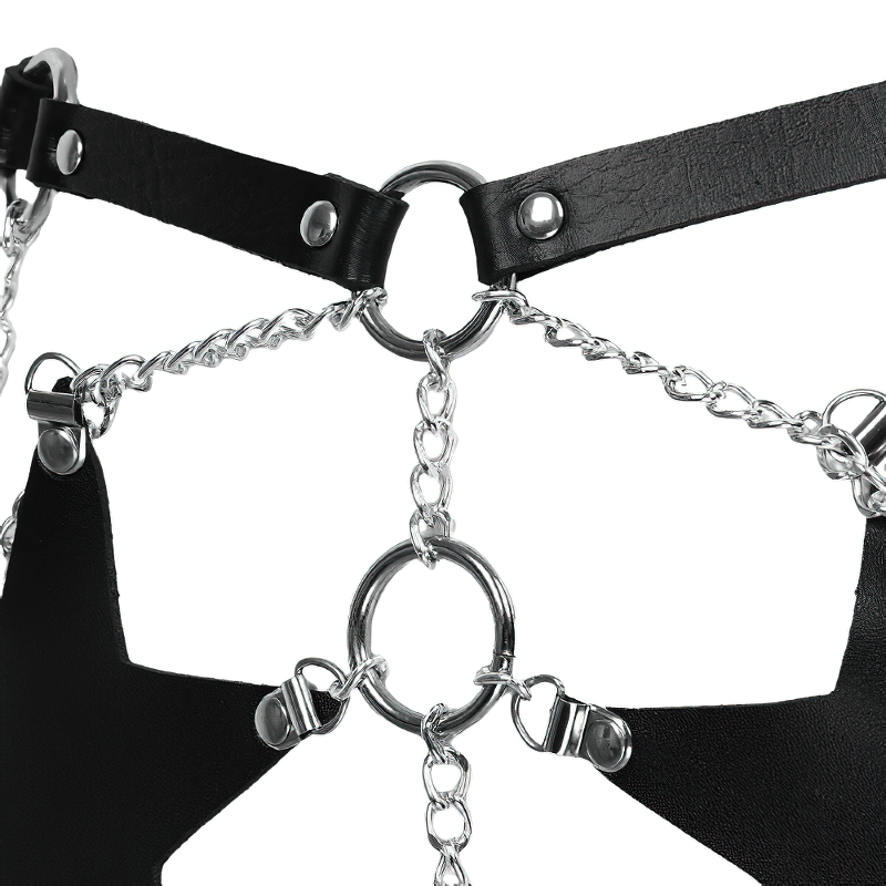 Close-up of a gothic PU leather harness with silver chains and black star details for women.