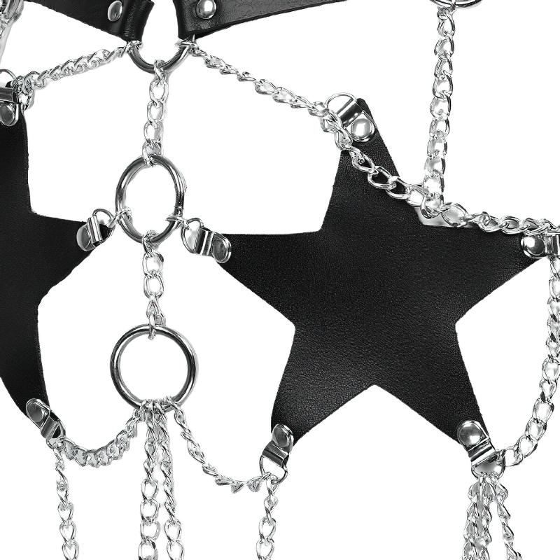 Close-up of PU leather harness featuring black star inserts and silver chains, perfect gothic accessory for women.