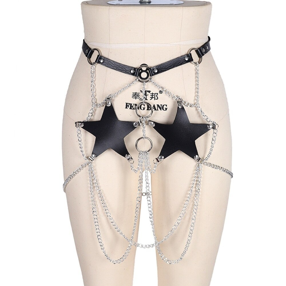 Pentagram Harness With Chain Belt Of PU Leather / Gothic Accessories For Women - HARD'N'HEAVY