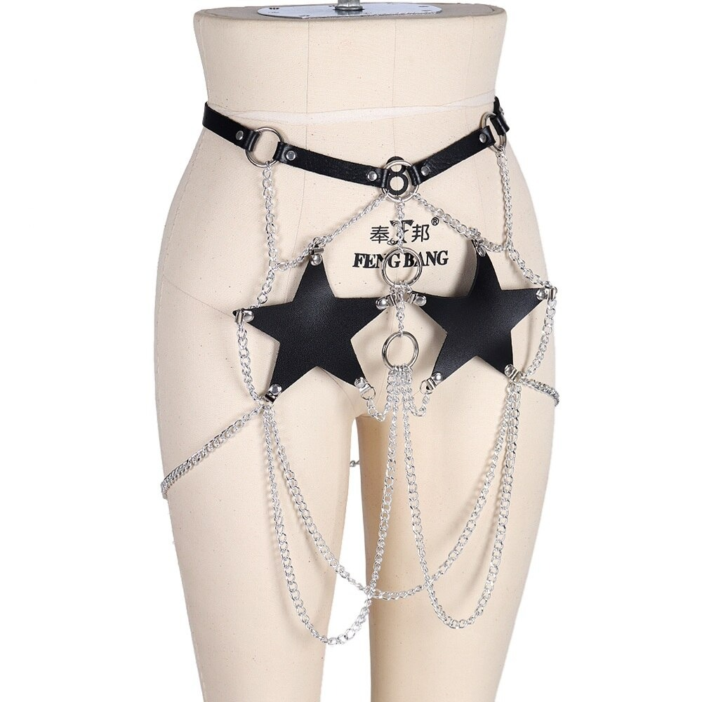 Pentagram Harness With Chain Belt Of PU Leather / Gothic Accessories For Women - HARD'N'HEAVY