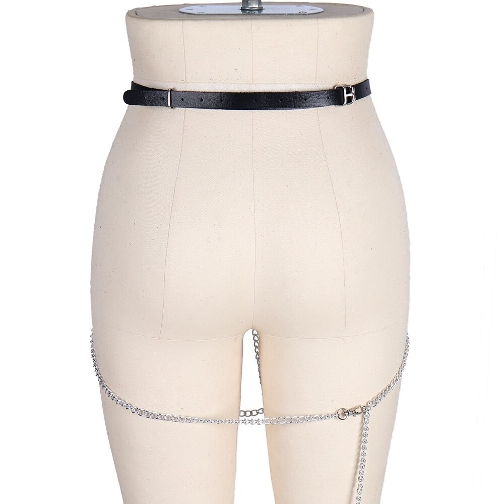 Gothic PU leather harness with silver chain belt, showcasing a stylish and sexy design for women.